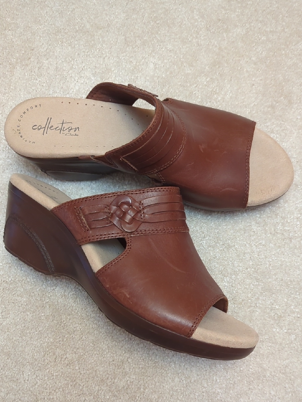 Clarks Brown Leather Wedge Mule Sandals